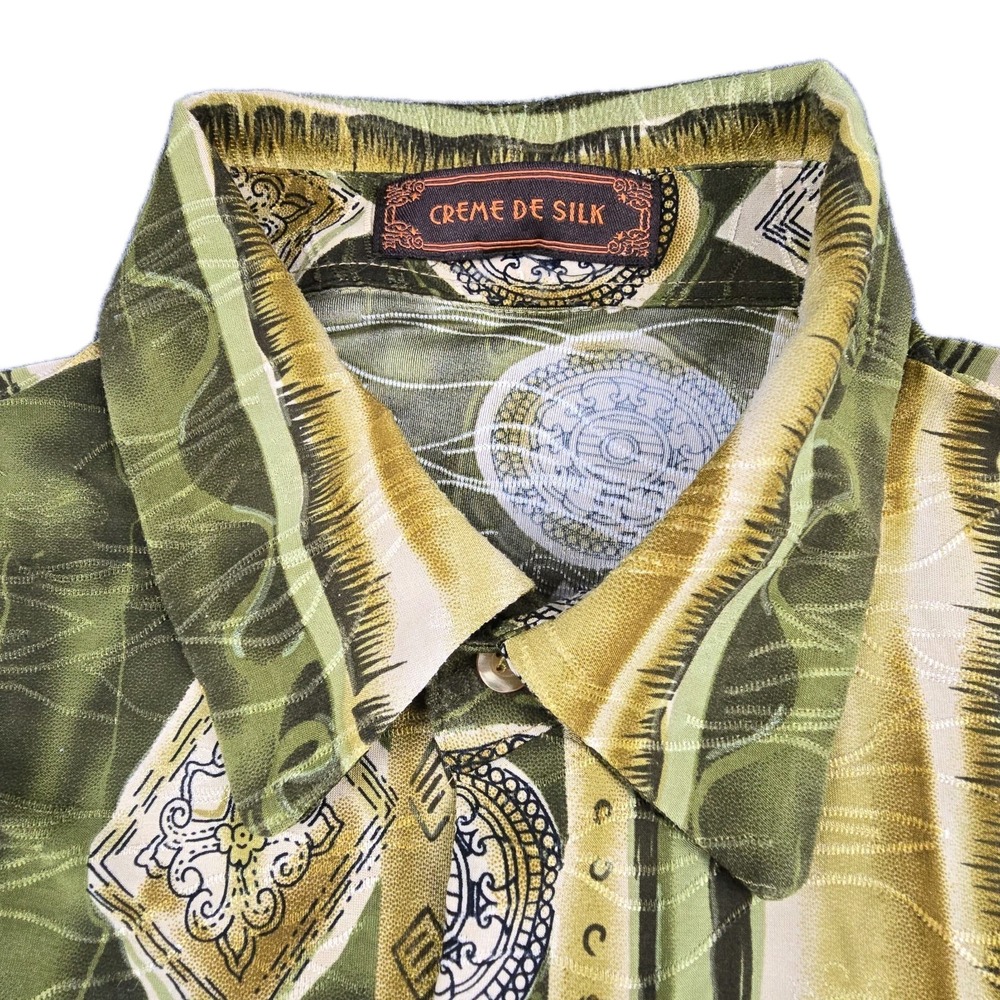 Vintage Creme De Silk Baroque Medallion Stripe Shirt 75% Silk 25% Rayon Korea XL